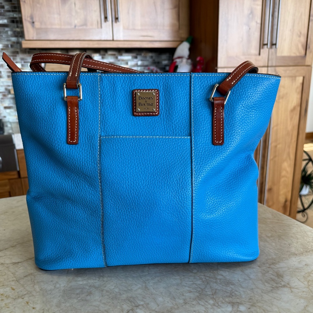 Dooney & Bourke Blue Leather Shoulder Tote with Brown Trim